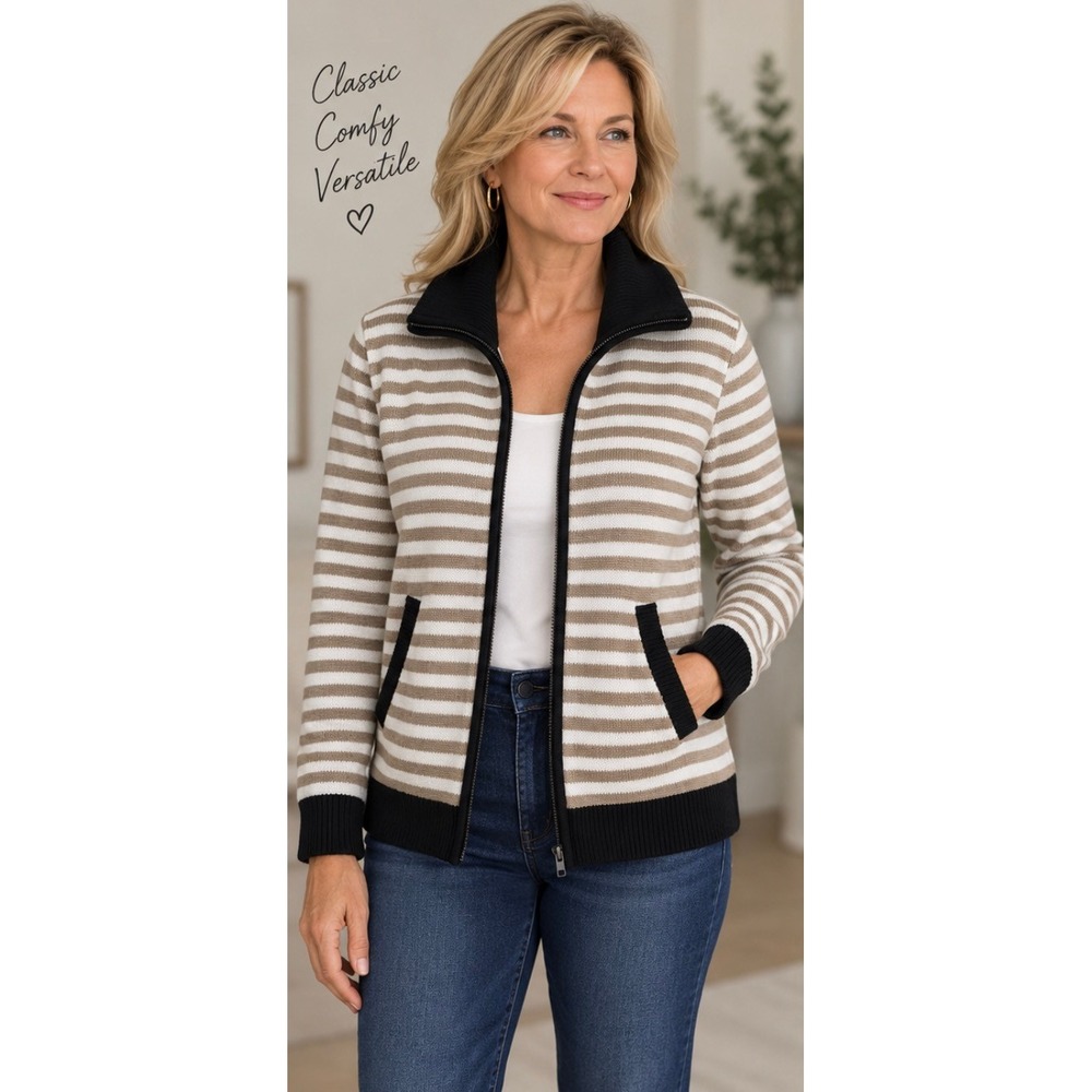 Cabi Compass Cardigan 6448 Black Camel Striped Full Zip Sweater Womens Medium